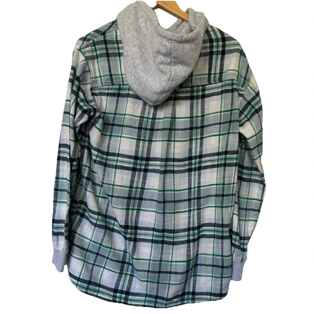 American Eagle Outfitters Shirt  Medium Green Plaid Hooded Flannel Henley UNISEX - Picture 2 of 6
